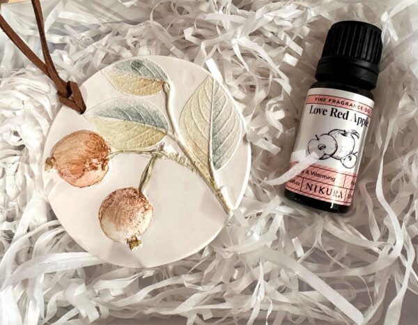 Watercolour painted hanging Room diffuser, beautiful, handmade , cast from real apples. With a bottle of Love red apple fragrance. - Image 2